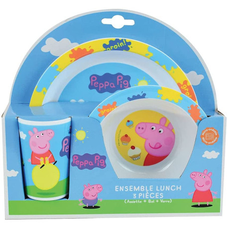 Peppa Pig ensemble repas incluant 1 verre 220 ml, 1 assiette et 1 bol micro-ondables pour enfant