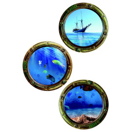 Sticker 3 hublots avec vue sur bateau et sous marine - 1 planche 42,5 x 65 cm