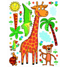 Sticker Giraphe, singe, crocodile et tortue et palmier - 1 planche 65 x 85 cm