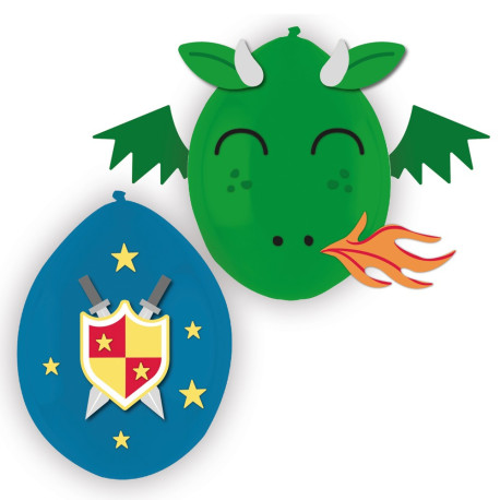 Lot de 3 ballons à décorer chevaliers et dragons vert et bleu