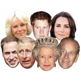 Masque en carton Paquet de 7 visages Famille Royale - Reine Elisabeth, Prince Philip, William, Harry, Kate, Charles et Camila