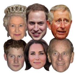 Masque en carton Paquet de 6 visages Famille Royale - Reine Elisabeth, Prince Philip, William, Harry, Kate et Charles