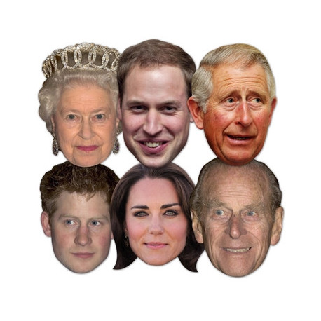 Masque en carton Paquet de 6 visages Famille Royale - Reine Elisabeth, Prince Philip, William, Harry, Kate et Charles
