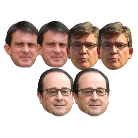 Masque en carton Paquet de 6 visages - 2 Manuel Valls, 2 François Hollande, 2 Arnaud Montebourg