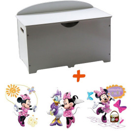 Coffre à jouets en bois blanc 2 en 1 à personnaliser avec des stickers thème Minnie et Daisy 