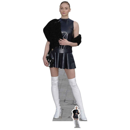 Figurine en carton taille reelle Sophie Turner Jupe courte noire et bottes blanches 178cm