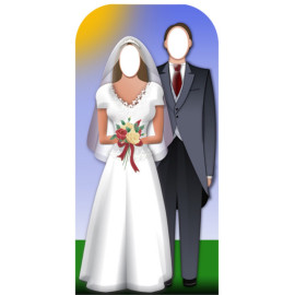 Figurine en carton mariage couple de mariés robe blanche et costume noir 186 cm