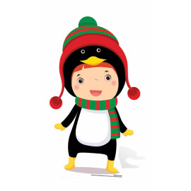 Figurine en carton lutin de noël : Figurine en carton enfant déguisé en pingouin de noël -Haut 87 cm