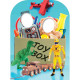 Figurine en carton et passe tête coffre à jouets garçon avec dinosaure, train en bois, pilote 131 cm