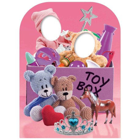 Figurine en carton passe tête coffre à jouet rose avec jouets 131 cm