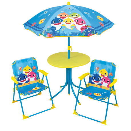 Salon de Jardin Baby Shark incluant 1 Table Ronde, 2 Chaises, 1 Parasol pour enfant