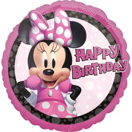 Ballon en aluminium Disney Minnie forme ronde Happy Birthday - 43 cm