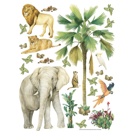 Sticker thème jungle - animaux de la jungle : éléphant, lion, perroquet - 1 planche 65 x 85 cm