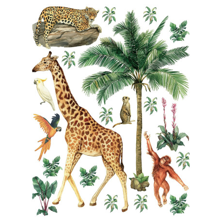 Sticker thème jungle - animaux de la jungle : girafe, singe, léopard - 1 planche 65 x 85 cm