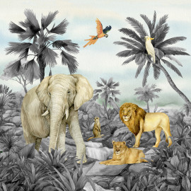 Coussin - Les animaux de la jungle elephant, lion, perroquet - noir et blanc - 40 cm x 40 cm