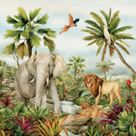 Coussin - Les animaux de la jungle elephant, lion, perroquet - en couleur - 40 cm x 40 cm