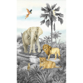 Voilage Animaux de la jungle - Éléphant, lion, perroquet en noir et blanc - 1 pièce - L 140 cm x H 245 cm