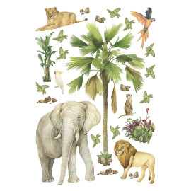 Stickers animaux de la jungle : éléphant, lion, perroquet - 1 planche 42,5 x 65 cm