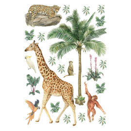 Stickers animaux de la jungle : girafe, singe et oiseaux - 1 planche 42,5 x 65 cm