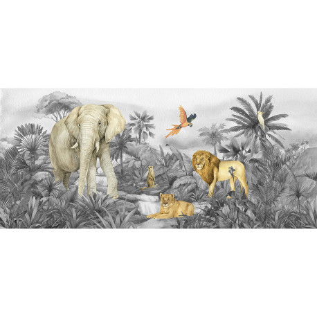 Poster géant horizontal animaux de la jungle en noir et blanc - lion, perroquet, éléphant 170 x 75 CM