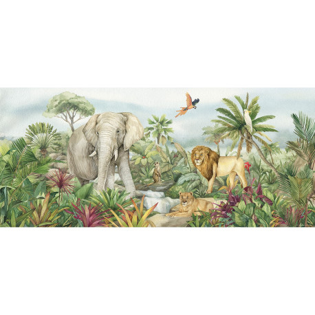 Poster géant horizontal animaux de la jungle en couleur - lion, perroquet, éléphant 170 x 75 CM