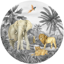 Photo murale ronde animaux de la jungle - Lion, éléphant, perroquet en noir et blanc - 70 x 70 cm