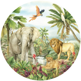Photo murale ronde animaux de la jungle - Lion, éléphant, perroquet en couleur - 70 x 70 cm