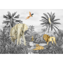 Poster intissé - animaux de la jungle en noir et blanc - lion, éléphant, perroquet - 155 x 110 cm