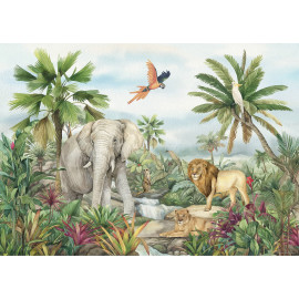 Poster intissé - animaux de la jungle en couleur - lion, éléphant, perroquet - 155 x 110 cm
