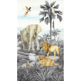 Poster intissé - animaux de la jungle en noir et blanc - lion, éléphant, perroquet - 150 x 270 cm