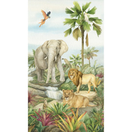 Poster intissé - animaux de la jungle en couleur - lion, éléphant, perroquet - 150 x 270 cm