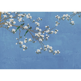 Poster intissé arbre à fleurs blanches et ciel bleu - 155 x 110 cm