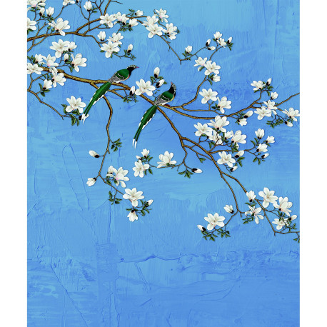 Papier peint Arbre a fleurs blanches et ciel bleu 225 x 270 cm