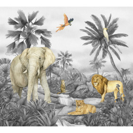 Papier peint animaux de la jungle en noir et blanc 225 x 270 cm