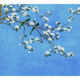 Papier peint arbre avec fleurs blanches et ciel bleu 225 x 270 cm
