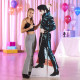 Figurine en carton Elvis Presley tout en cuir noir qui brille avec micro -H 184 cm