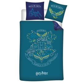 Parure de lit réversible Harry Potter - Blason "Hogwarts" - Bleue et Vert - 140 cm x 200 cm