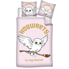 Parure de lit réversible Harry Potter - Hedwige la Chouette - "Hogwarts is my home" - Rose - 140 cm x 200 cm