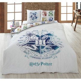 Parure de lit double réversible Harry Potter - Blason Hogwarts - Les 4 Maisons - Blanche et Bleue - 220 cm x 240 cm