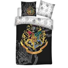 Parure de lit réversible Harry Potter - Blason Hogwarts - Noire et Blanche - 140 cm x 200 cm