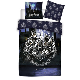 Parure de lit double réversible Harry Potter - Blason Hogwarts - Dans la Nuit - Bleue et Blanche - 220 cm x 240 cm