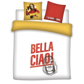 Parure de lit double réversible La Casa de Papel - "Bella Ciao !" - Blanche, Rouge et Jaune - 220 cm x 240 cm