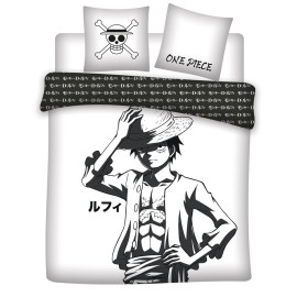 Parure de lit double réversible One Piece Luffy - Noir et Blanc - 220 cm x 240 cm