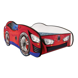 Lit LED + Matelas - Lit Enfant Racing Car Hero - Spidercar - Rouge et Bleu - 140 x 70 cm
