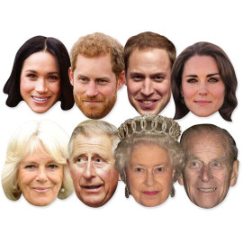 Masque en carton Paquet de 8 visages Famille Royale - Reine Elisabeth, Philip, Wiliam, Kate, Charles, Camila, Harry Barbu, Meghan