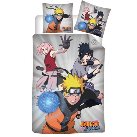 Parure de lit réversible Naruto - Naruto, Sasuke et Sakura - Gris - 140 cm x 200 cm