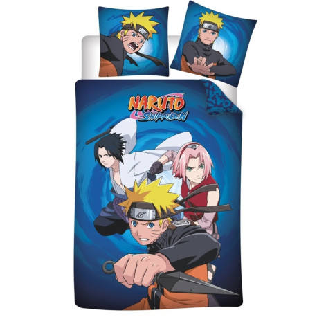 Parure de lit réversible Naruto - Naruto, Sasuke et Sakura - Bleu - 140 cm x 200 cm