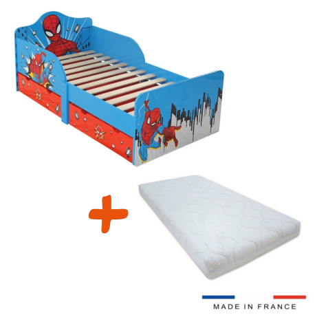 Lit + matelas - Lit enfant Spider-Man bleu ciel 2 tiroirs de rangement - matelas 70*140cm