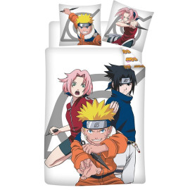 Parure de lit réversible Naruto - Naruto, Sasuke et Sakura - Blanche - 140 cm x 200 cm
