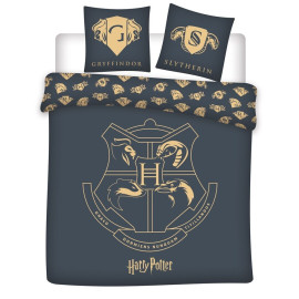 Parure de lit double réversible Harry Potter - Blason Hogwarts - Noir et Doré - 220 cm x 240 cm